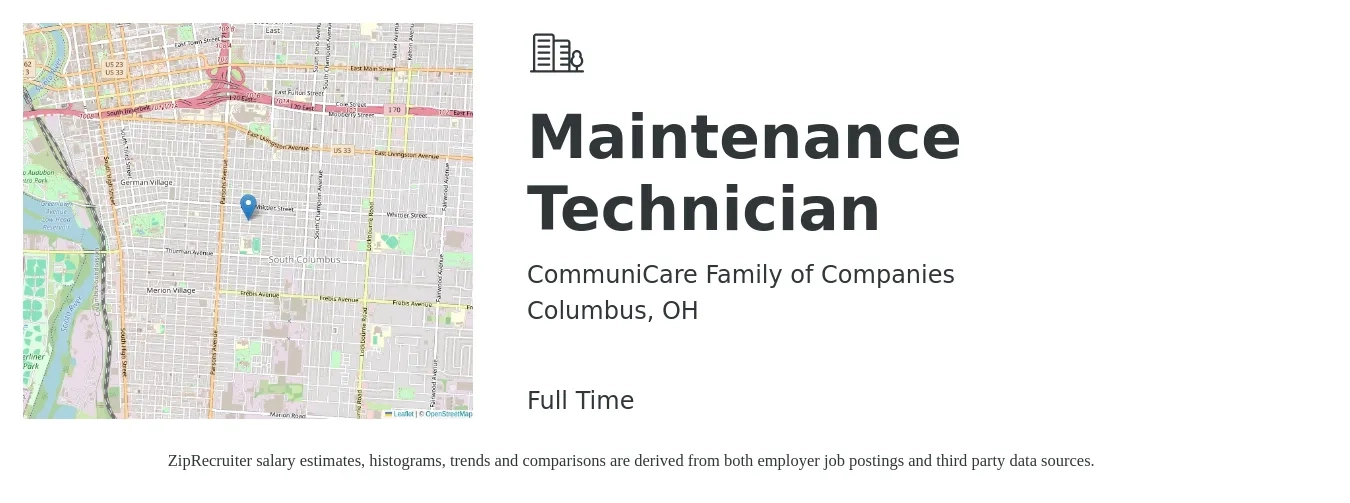 CommuniCare Family of Companies job posting for a Maintenance Technician in Columbus, OH with a salary of $18 to $26 Hourly with a map of Columbus location.