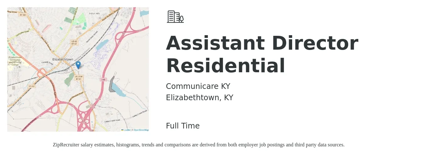Communicare KY job posting for a Assistant Director Residential in Elizabethtown, KY with a salary of $40,800 to $82,200 Yearly with a map of Elizabethtown location.