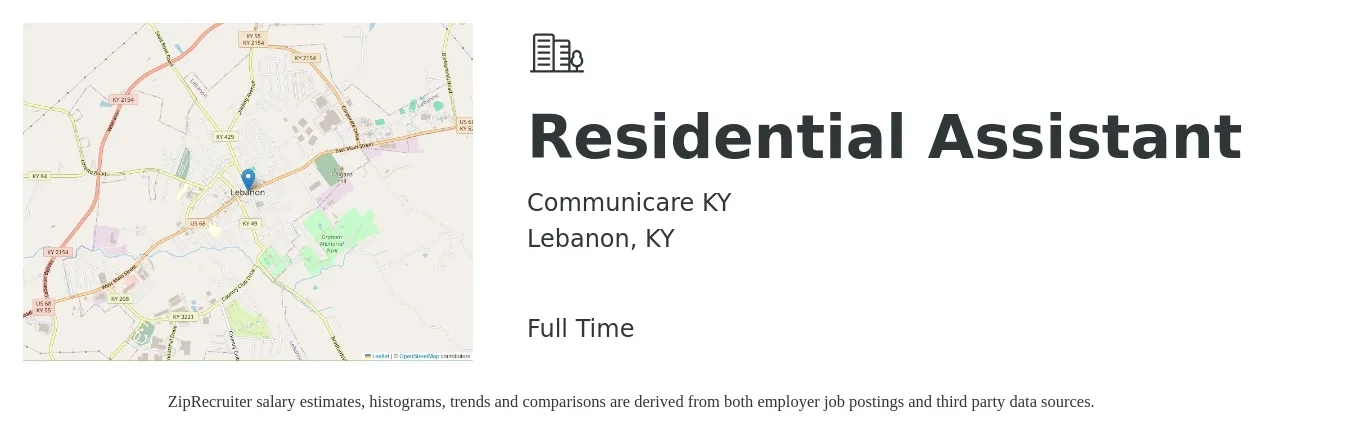Communicare KY job posting for a Residential Assistant in Lebanon, KY with a salary of $13 to $16 Hourly with a map of Lebanon location.