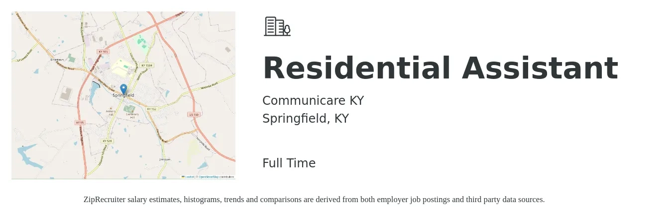 Communicare KY job posting for a Residential Assistant in Springfield, KY with a salary of $12 to $15 Hourly with a map of Springfield location.