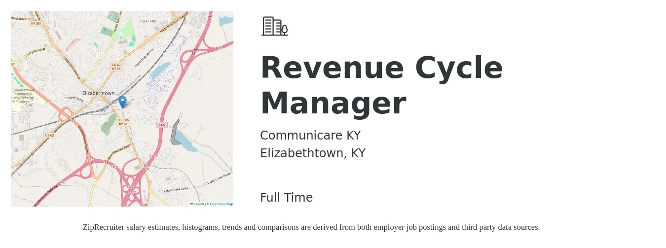 Communicare KY job posting for a Revenue Cycle Manager in Elizabethtown, KY with a salary of $60,600 to $89,000 Yearly with a map of Elizabethtown location.