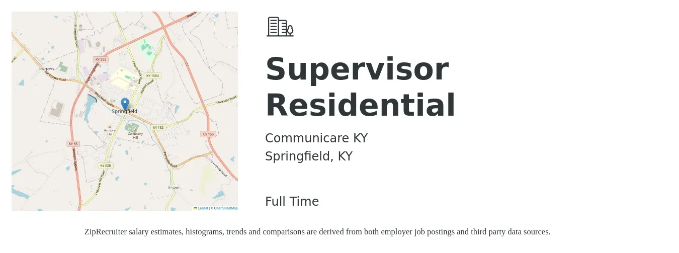 Communicare KY job posting for a Supervisor Residential in Springfield, KY with a salary of $16 to $22 Hourly with a map of Springfield location.