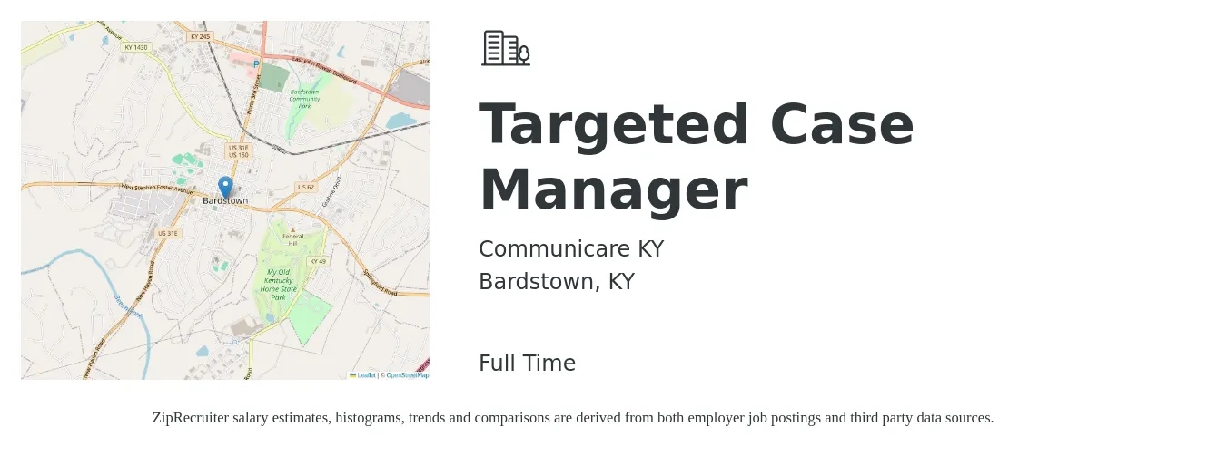 Communicare KY job posting for a Targeted Case Manager in Bardstown, KY with a salary of $18 to $23 Hourly with a map of Bardstown location.