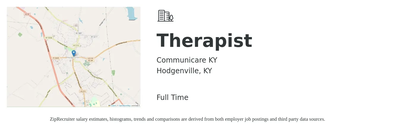 Communicare KY job posting for a Therapist in Hodgenville, KY with a salary of $49,400 to $70,000 Yearly with a map of Hodgenville location.