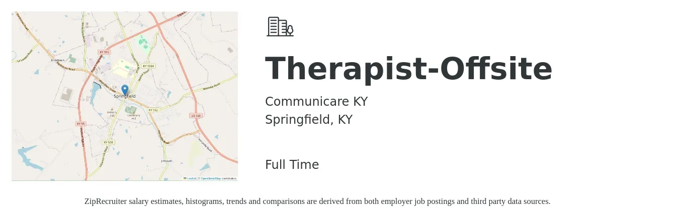 Communicare KY job posting for a Therapist-Offsite in Springfield, KY with a salary of $48,800 to $69,100 Yearly with a map of Springfield location.