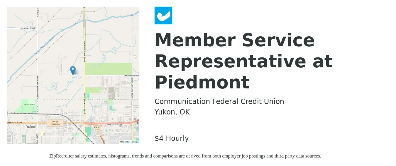 Communication Federal Credit Union job posting for a Member Service Representative at Piedmont in Yukon, OK with a salary of $15 to $17 Hourly with a map of Yukon location.