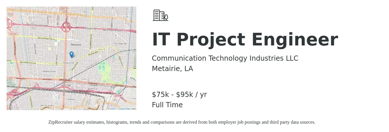 Communication Technology Industries LLC job posting for a IT Project Engineer in Metairie, LA with a salary of $75,000 to $95,000 Yearly with a map of Metairie location.