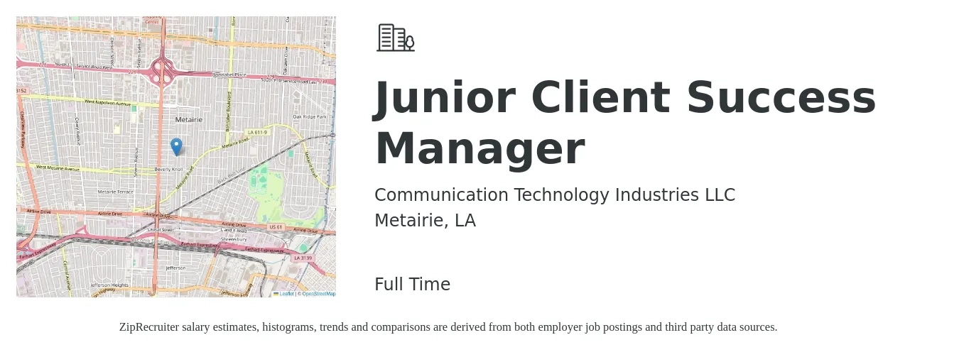 Communication Technology Industries LLC job posting for a Junior Client Success Manager in Metairie, LA with a salary of $33,300 to $53,200 Yearly with a map of Metairie location.