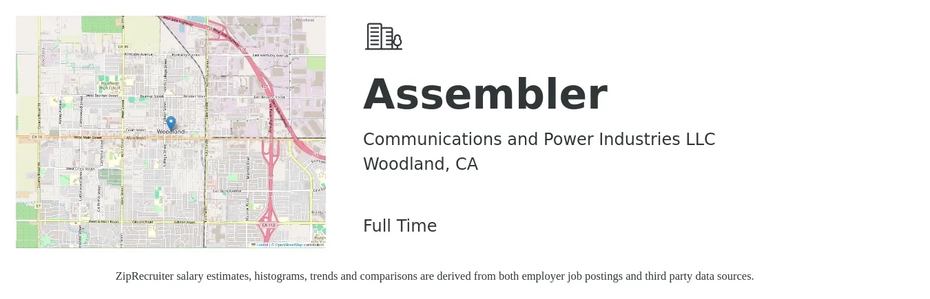 Communications and Power Industries LLC job posting for a Assembler in Woodland, CA with a salary of $16 to $20 Hourly with a map of Woodland location.