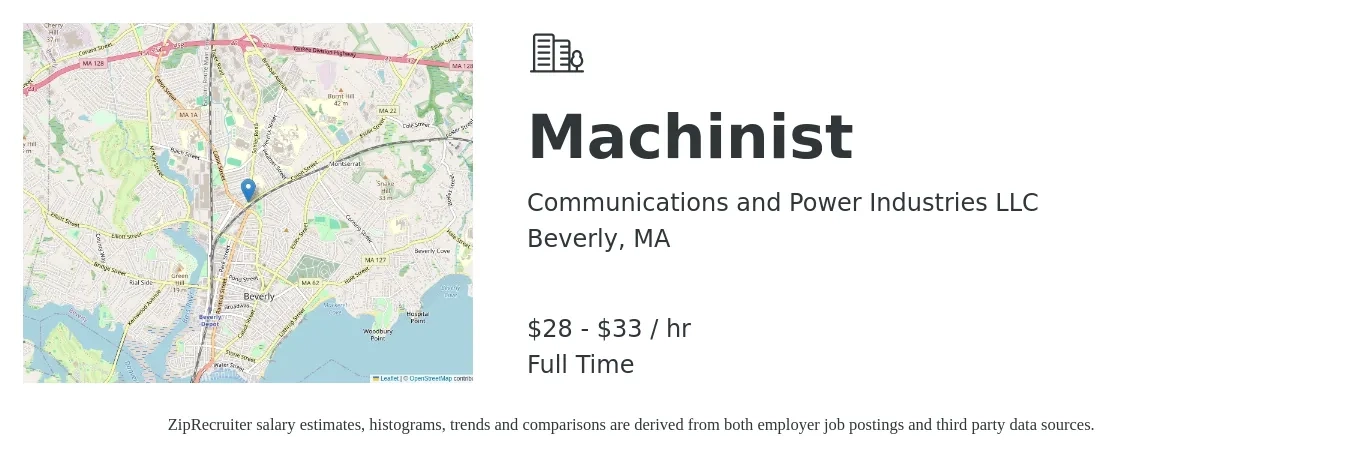 Communications and Power Industries LLC job posting for a Machinist in Beverly, MA with a salary of $30 to $35 Hourly with a map of Beverly location.