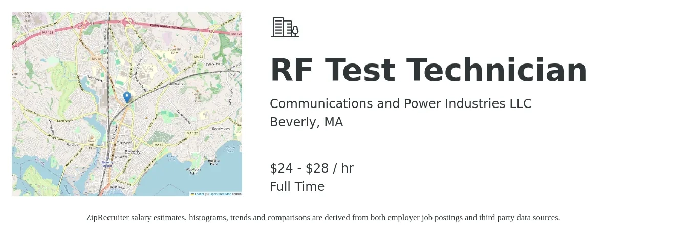Communications and Power Industries LLC job posting for a RF Test Technician in Beverly, MA with a salary of $25 to $30 Hourly with a map of Beverly location.