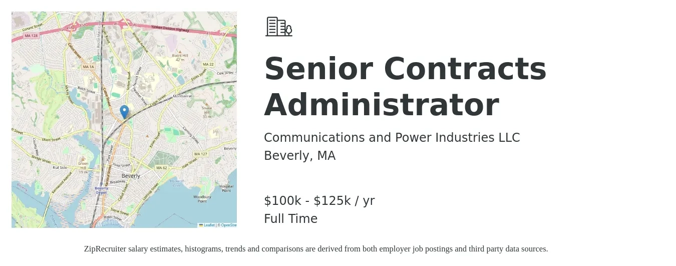 Communications and Power Industries LLC job posting for a Senior Contracts Administrator in Beverly, MA with a salary of $100,000 to $125,000 Yearly with a map of Beverly location.