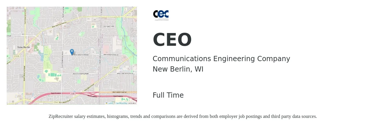 Communications Engineering Company job posting for a CEO in New Berlin, WI with a salary of $106,300 to $156,700 Yearly with a map of New Berlin location.