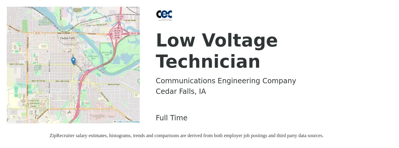 Communications Engineering Company job posting for a Low Voltage Technician in Cedar Falls, IA with a salary of $18 to $28 Hourly with a map of Cedar Falls location.