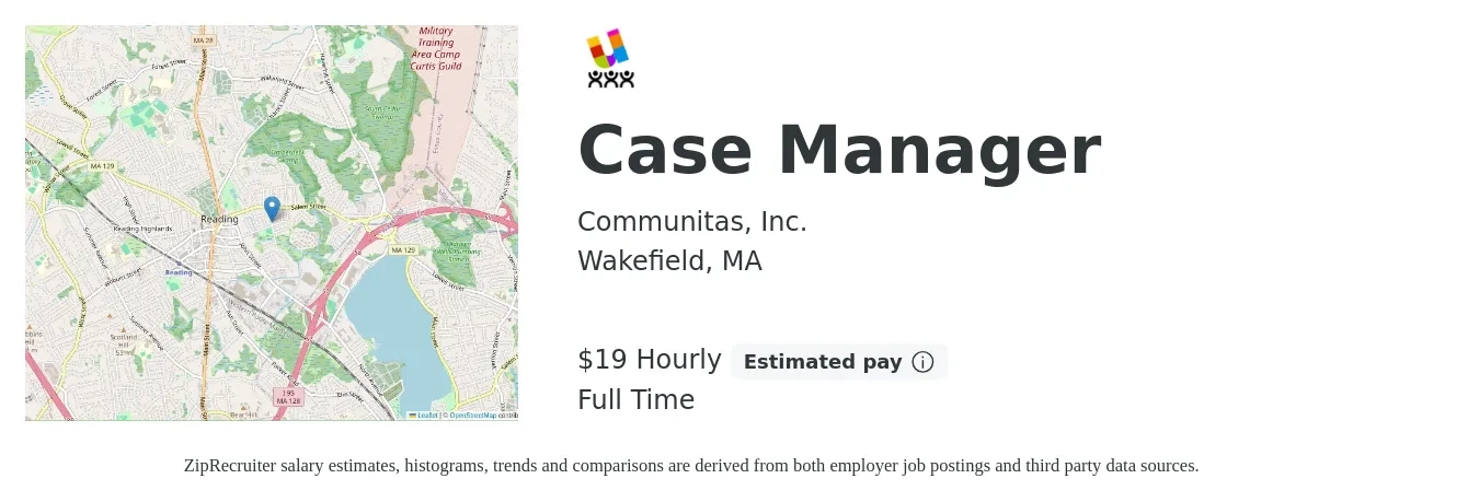Communitas, Inc. job posting for a Case Manager in Wakefield, MA with a salary of $20 Hourly with a map of Wakefield location.