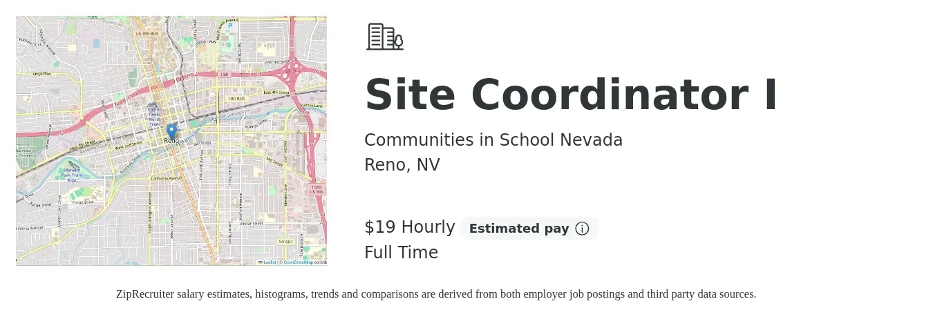Communities in School Nevada job posting for a Site Coordinator I in Reno, NV with a salary of $20 Hourly with a map of Reno location.