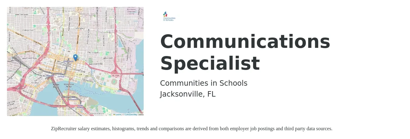 Communities in Schools job posting for a Communications Specialist in Jacksonville, FL with a salary of $48,200 to $63,900 Yearly with a map of Jacksonville location.