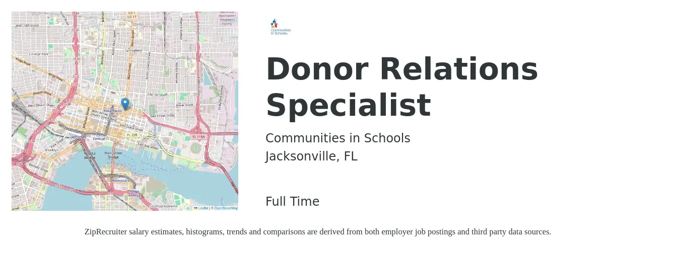 Communities in Schools job posting for a Donor Relations Specialist in Jacksonville, FL with a salary of $16 to $28 Hourly with a map of Jacksonville location.