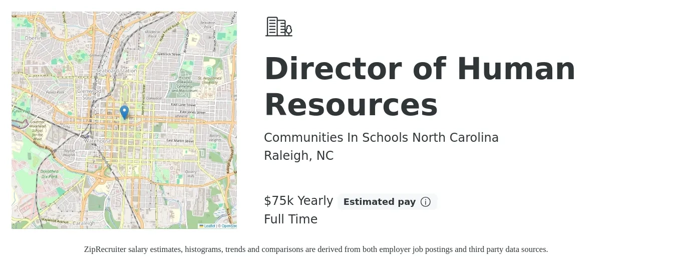 Communities In Schools North Carolina job posting for a Director of Human Resources in Raleigh, NC with a salary of $75,400 Yearly with a map of Raleigh location.