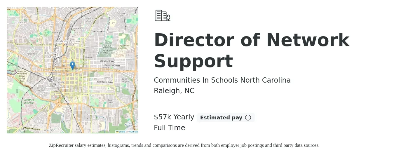 Communities In Schools North Carolina job posting for a Director of Network Support in Raleigh, NC with a salary of $57,000 Yearly with a map of Raleigh location.