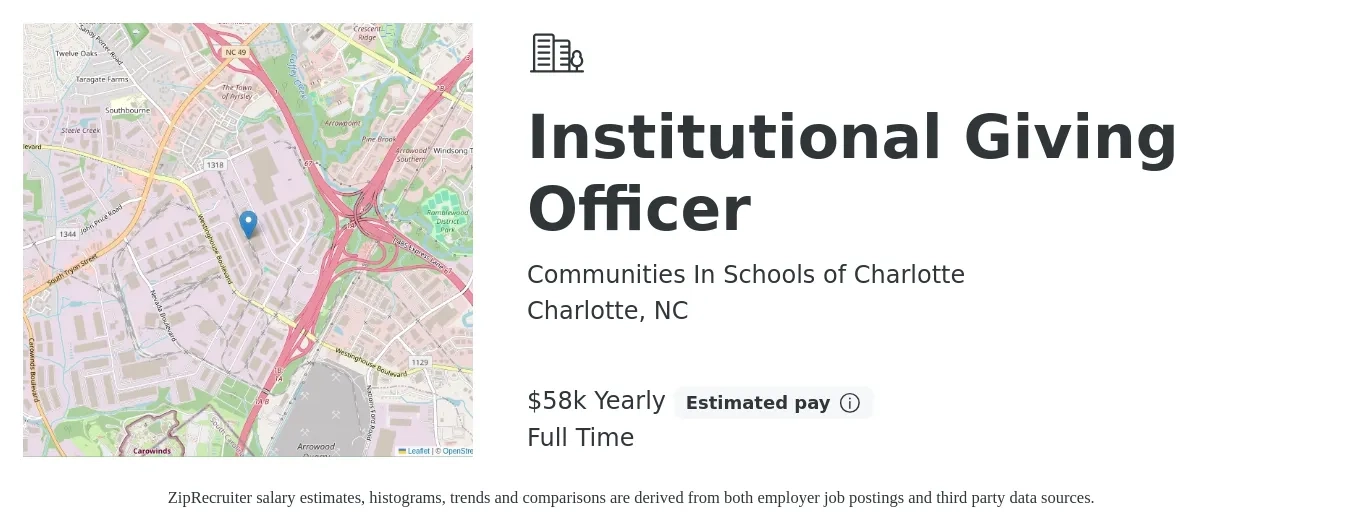 Communities In Schools of Charlotte job posting for a Institutional Giving Officer in Charlotte, NC with a salary of $58,540 Yearly with a map of Charlotte location.