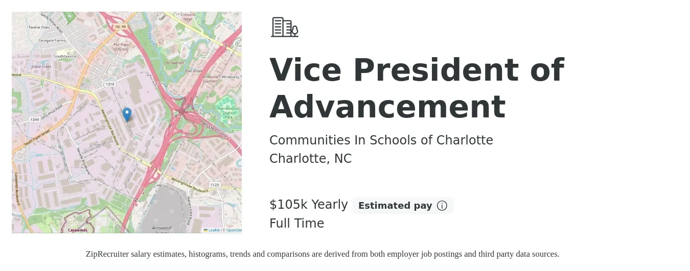 Communities In Schools of Charlotte job posting for a Vice President of Advancement in Charlotte, NC with a salary of $105,000 Yearly with a map of Charlotte location.