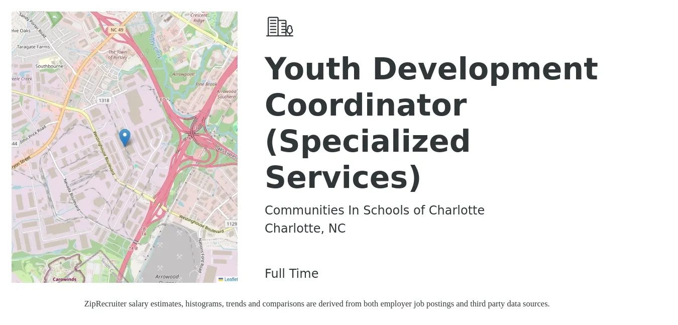 Communities In Schools of Charlotte job posting for a Youth Development Coordinator (Specialized Services) in Charlotte, NC with a salary of $42,500 to $57,100 Yearly with a map of Charlotte location.