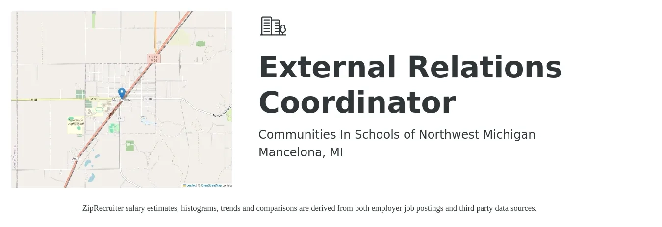 Communities In Schools of Northwest Michigan job posting for a External Relations Coordinator in Mancelona, MI with a salary of $30,720 to $38,400 Yearly with a map of Mancelona location.
