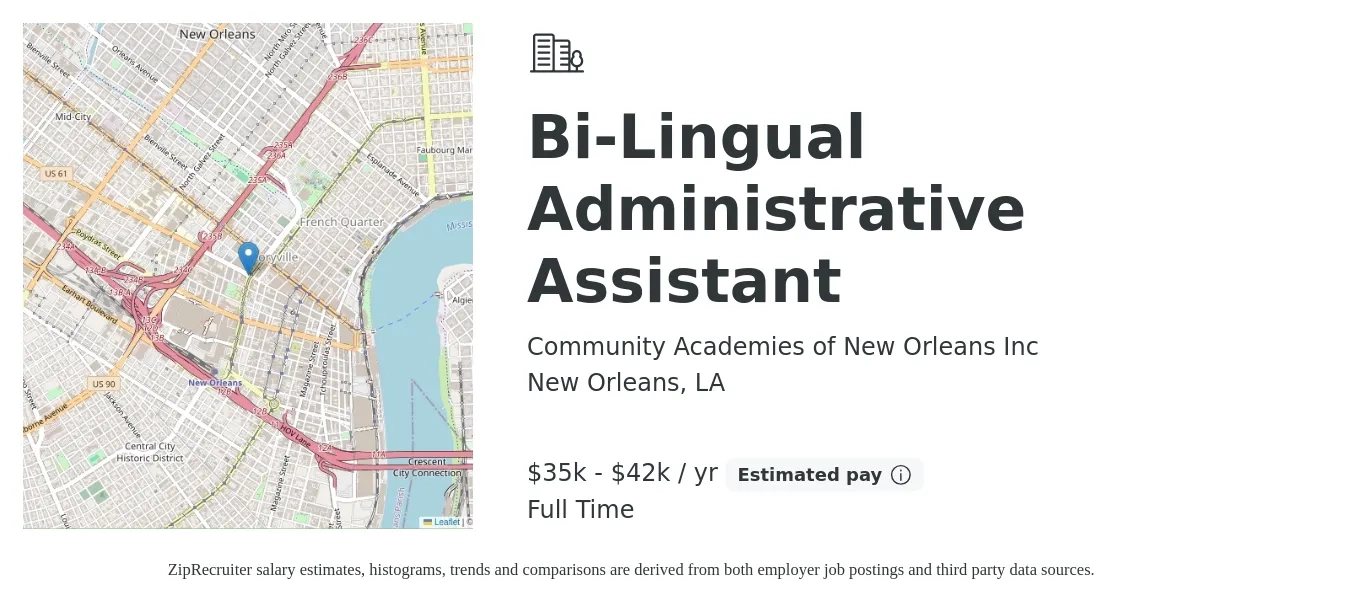 Community Academies of New Orleans Inc job posting for a Bi-Lingual Administrative Assistant in New Orleans, LA with a salary of $35,000 to $42,000 Yearly with a map of New Orleans location.