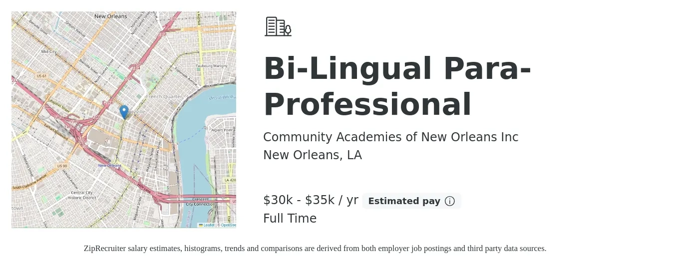 Community Academies of New Orleans Inc job posting for a Bi-Lingual Para-Professional in New Orleans, LA with a salary of $30,000 to $35,000 Yearly with a map of New Orleans location.