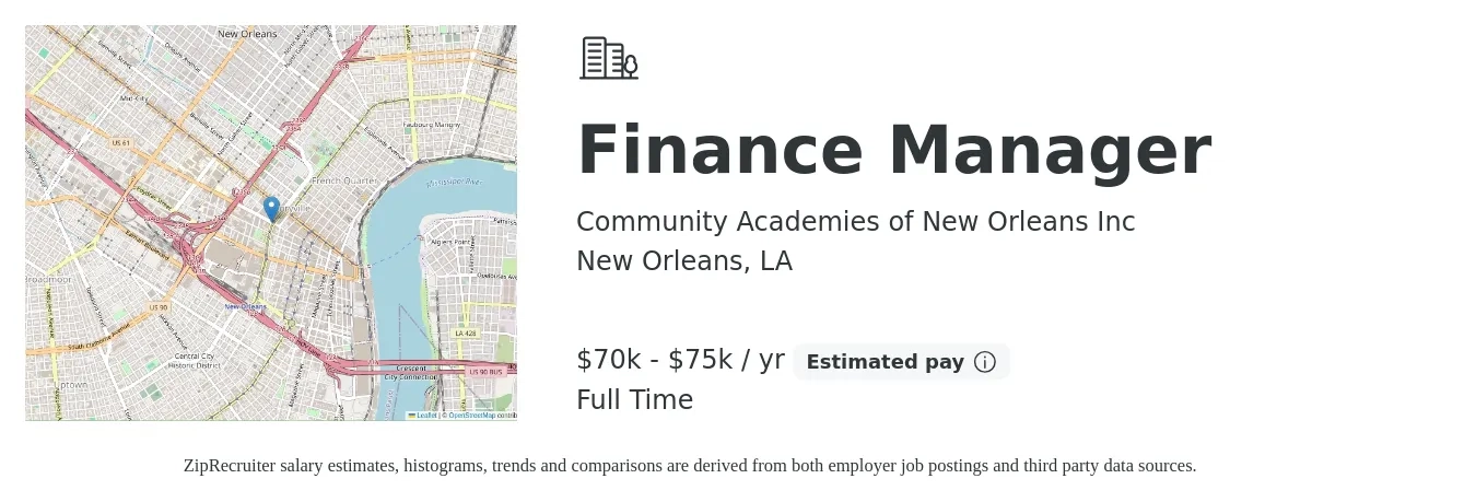 Community Academies of New Orleans Inc job posting for a Finance Manager in New Orleans, LA with a salary of $70,000 to $75,000 Yearly with a map of New Orleans location.