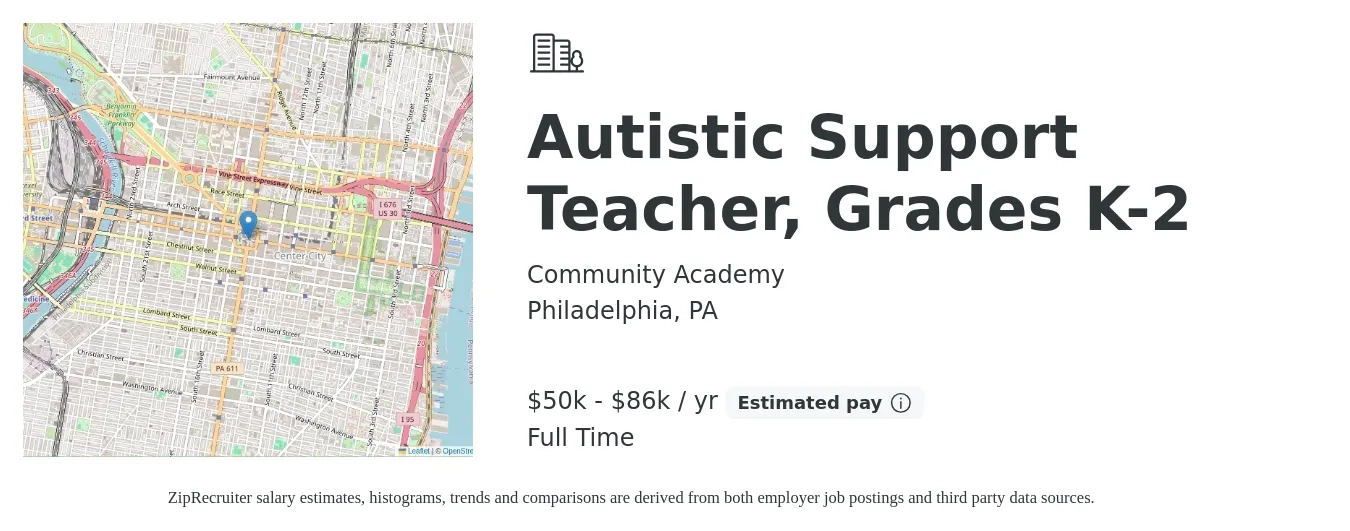 Community Academy job posting for a Autistic Support Teacher, Grades K-2 in Philadelphia, PA with a salary of $50,463 to $86,501 Yearly with a map of Philadelphia location.