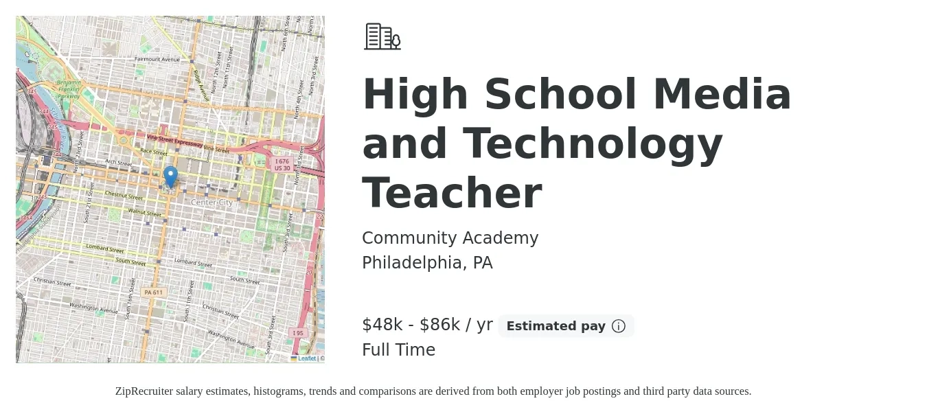 Community Academy job posting for a High School Media and Technology Teacher in Philadelphia, PA with a salary of $48,986 to $86,115 Yearly with a map of Philadelphia location.