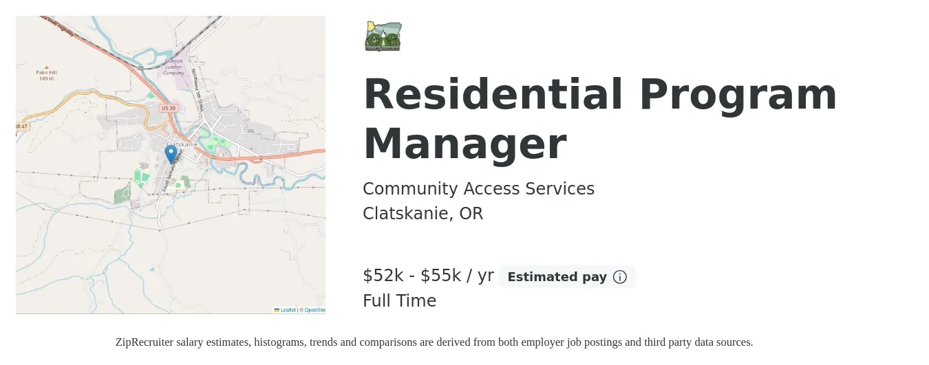 Community Access Services job posting for a Residential Program Manager in Clatskanie, OR with a salary of $52,000 to $55,000 Yearly with a map of Clatskanie location.