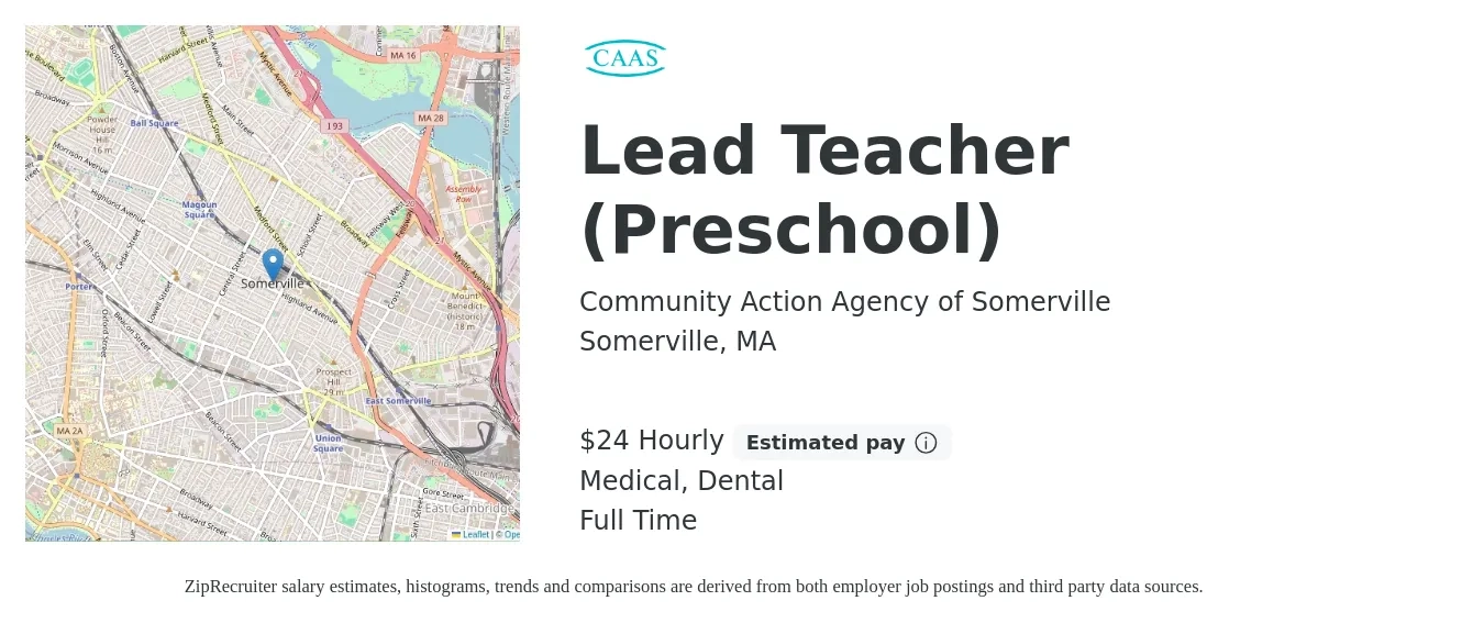 Community Action Agency of Somerville job posting for a Lead Teacher (Preschool) in Somerville, MA with a salary of $25 Hourly and benefits including medical, retirement, and dental with a map of Somerville location.