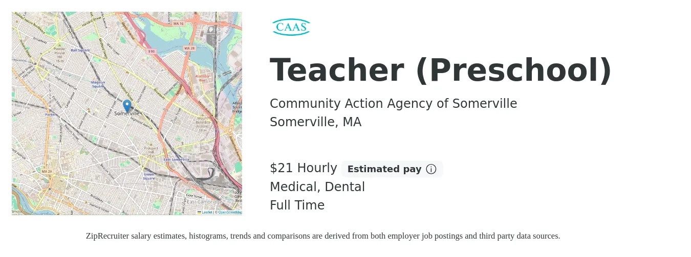 Community Action Agency of Somerville job posting for a Teacher (Preschool) in Somerville, MA with a salary of $23 Hourly and benefits including retirement, dental, and medical with a map of Somerville location.