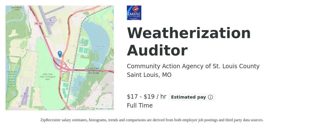 Community Action Agency of St. Louis County job posting for a Weatherization Auditor in Saint Louis, MO with a salary of $19 to $27 Hourly with a map of Saint Louis location.