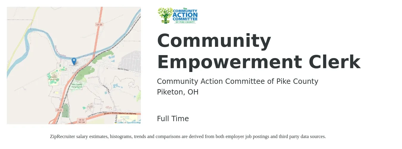 Community Action Committee of Pike County job posting for a Community Empowerment Clerk in Piketon, OH with a salary of $14 to $20 Hourly with a map of Piketon location.