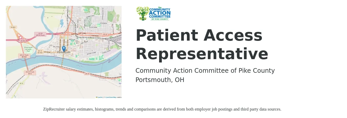 Community Action Committee of Pike County job posting for a Patient Access Representative in Portsmouth, OH with a salary of $14 to $18 Hourly with a map of Portsmouth location.
