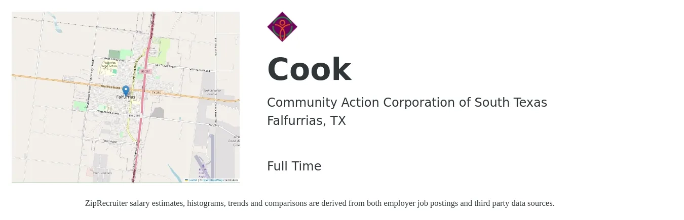 Community Action Corporation of South Texas job posting for a Cook in Falfurrias, TX with a salary of $12 to $16 Hourly with a map of Falfurrias location.
