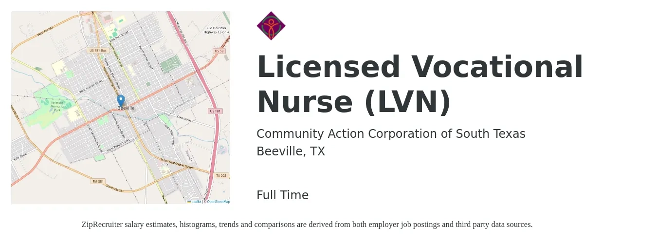 Community Action Corporation of South Texas job posting for a Licensed Vocational Nurse (LVN) in Beeville, TX with a salary of $22 to $30 Hourly with a map of Beeville location.