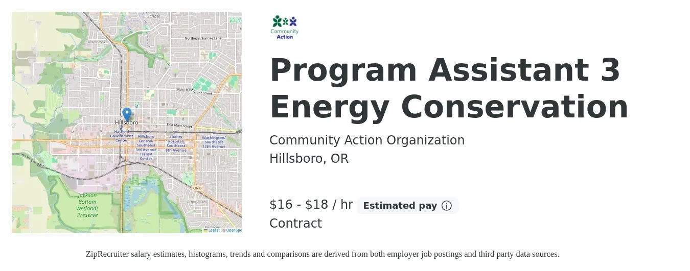Community Action Organization job posting for a Program Assistant 3 Energy Conservation in Hillsboro, OR with a salary of $18 to $19 Hourly with a map of Hillsboro location.