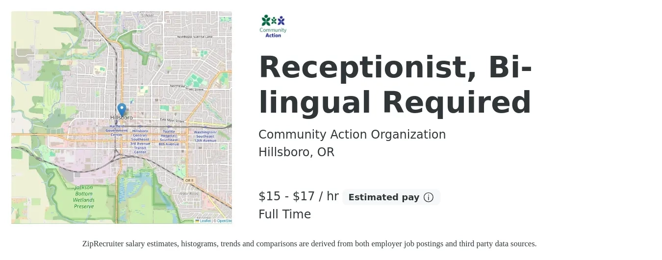 Community Action Organization job posting for a Receptionist, Bi-lingual Required in Hillsboro, OR with a salary of $16 to $18 Hourly with a map of Hillsboro location.