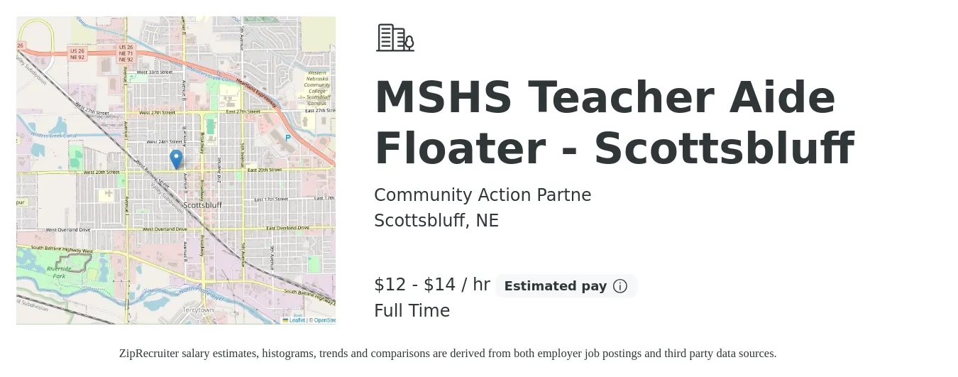 Community Action Partne job posting for a MSHS Teacher Aide Floater - Scottsbluff in Scottsbluff, NE with a salary of $13 to $15 Yearly with a map of Scottsbluff location.