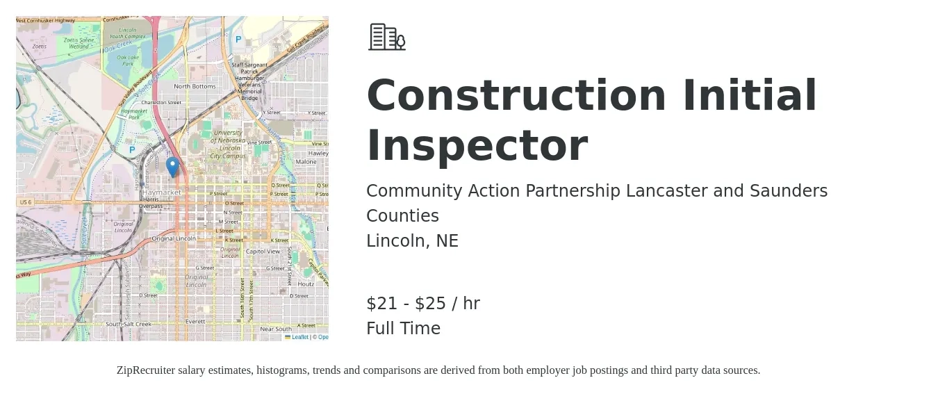 Community Action Partnership Lancaster and Saunders Counties job posting for a Construction Initial Inspector in Lincoln, NE with a salary of $21 to $23 Hourly with a map of Lincoln location.