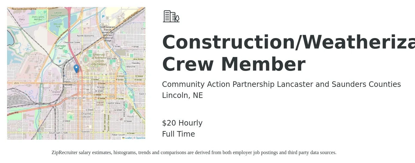 Community Action Partnership Lancaster and Saunders Counties job posting for a Construction/Weatherization Crew Member in Lincoln, NE with a salary of $22 Hourly with a map of Lincoln location.