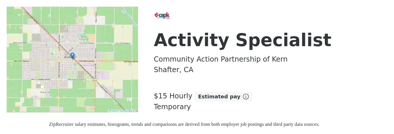 Community Action Partnership of Kern job posting for a Activity Specialist in Shafter, CA with a salary of $16 Hourly with a map of Shafter location.