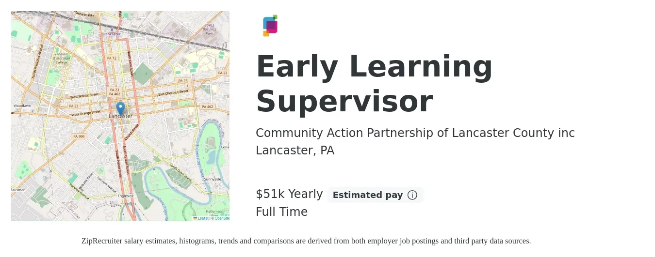 Community Action Partnership of Lancaster County inc job posting for a Early Learning Supervisor in Lancaster, PA with a salary of $51,000 Yearly with a map of Lancaster location.