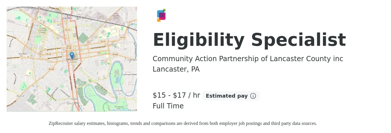Community Action Partnership of Lancaster County inc job posting for a Eligibility Specialist in Lancaster, PA with a salary of $16 to $18 Hourly with a map of Lancaster location.
