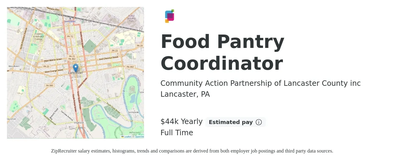 Community Action Partnership of Lancaster County inc job posting for a Food Pantry Coordinator in Lancaster, PA with a salary of $44,000 Yearly with a map of Lancaster location.
